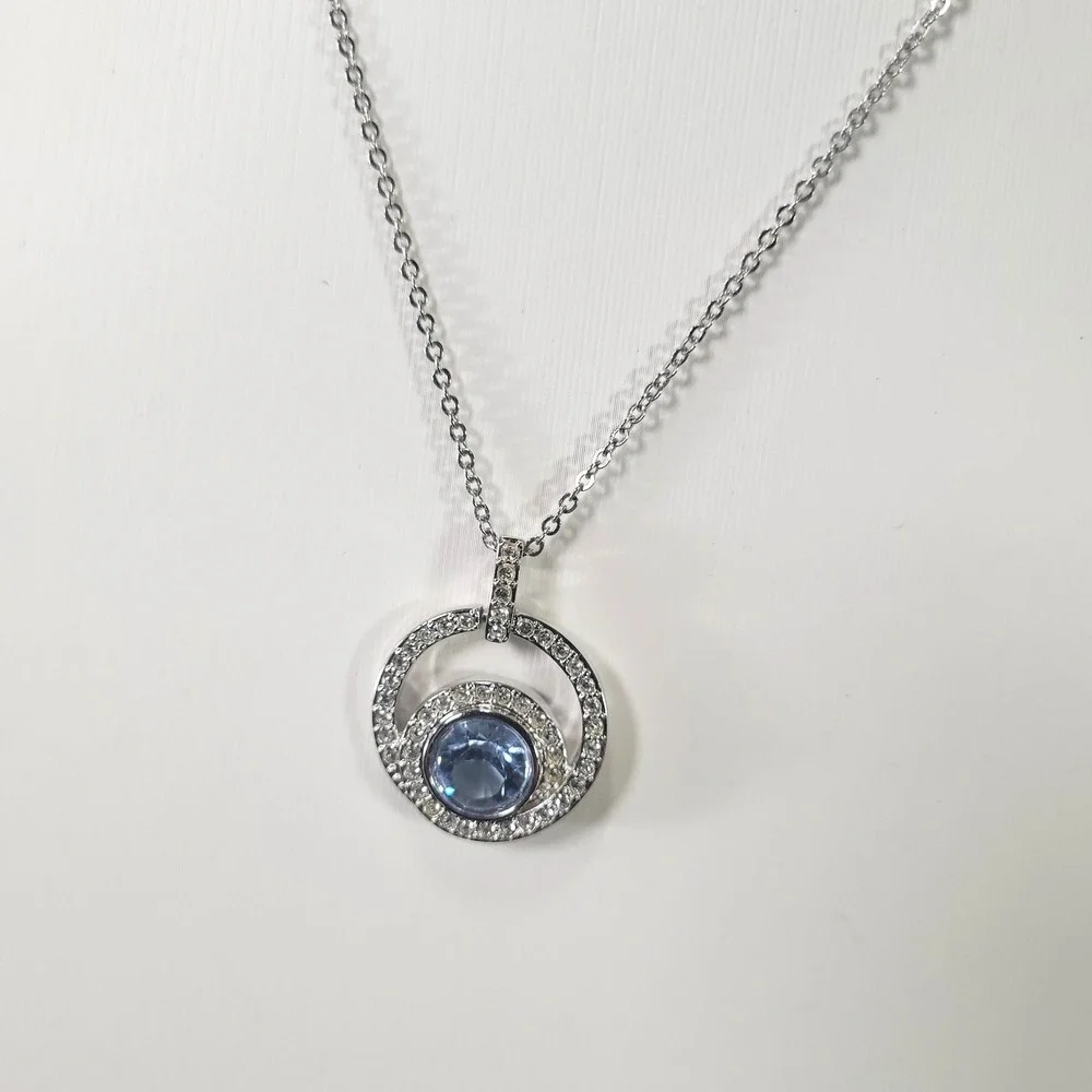 Swarovski Pendant Necklace Womens Blue Crystal Rhodium Plated Circle Pave